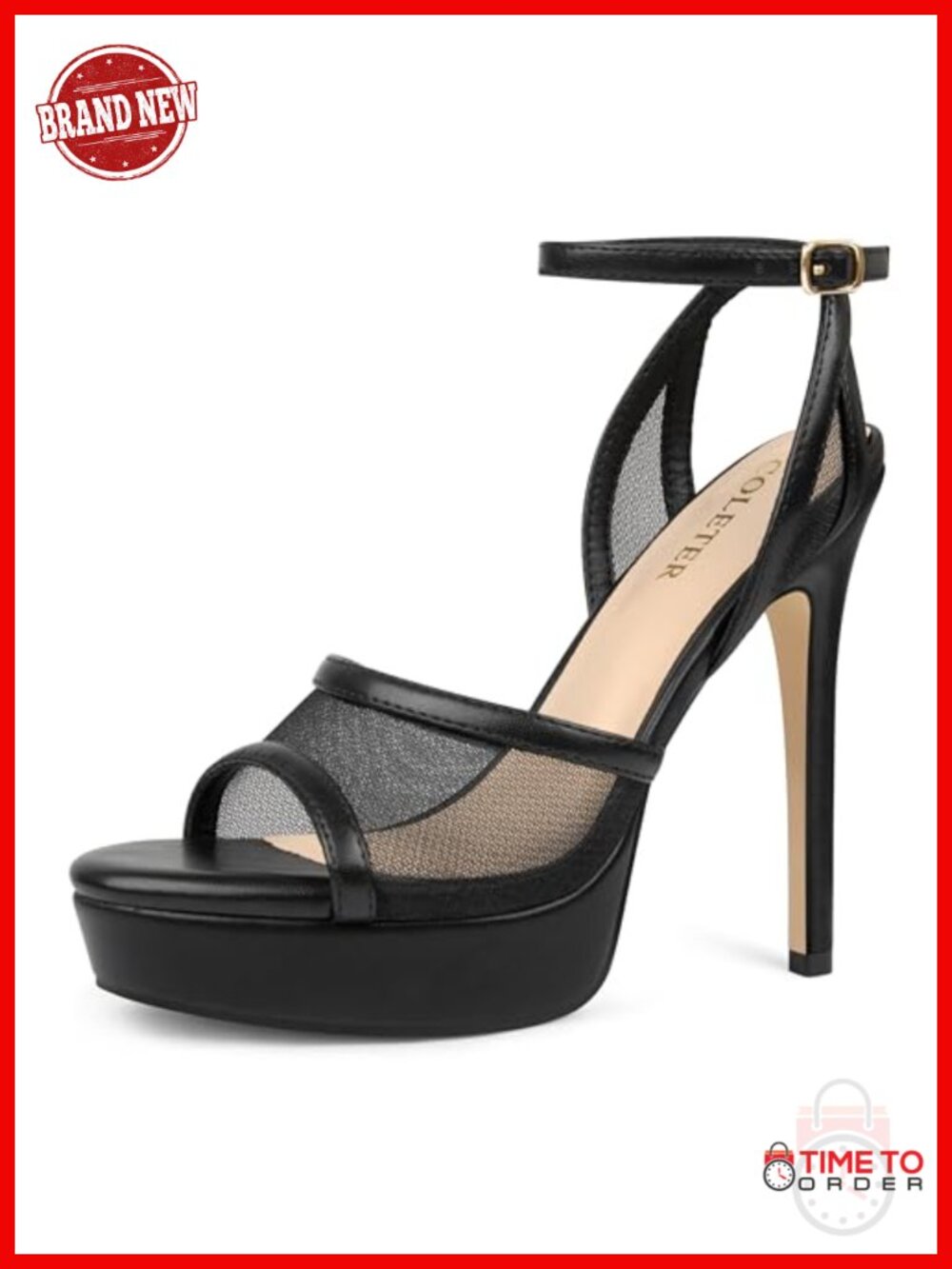 COLETER Women's Mesh Platform Stiletto Open Toe Ankle Strap Dress Sandals Faux